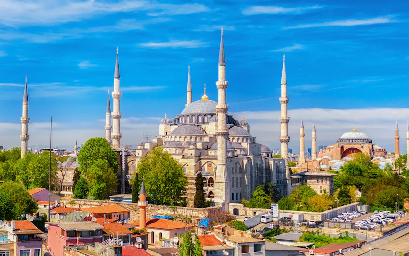 Aerial view of the Blue Mosque and surrounding area in Istanbul.