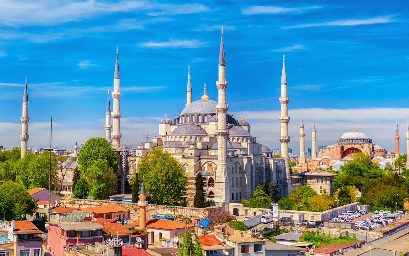 Aerial view of the Blue Mosque and surrounding area in Istanbul.