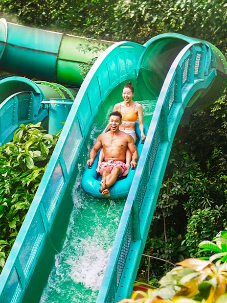 People enjoying the Riptide Rocket ride at Adventure Cove Waterpark, Singapore.