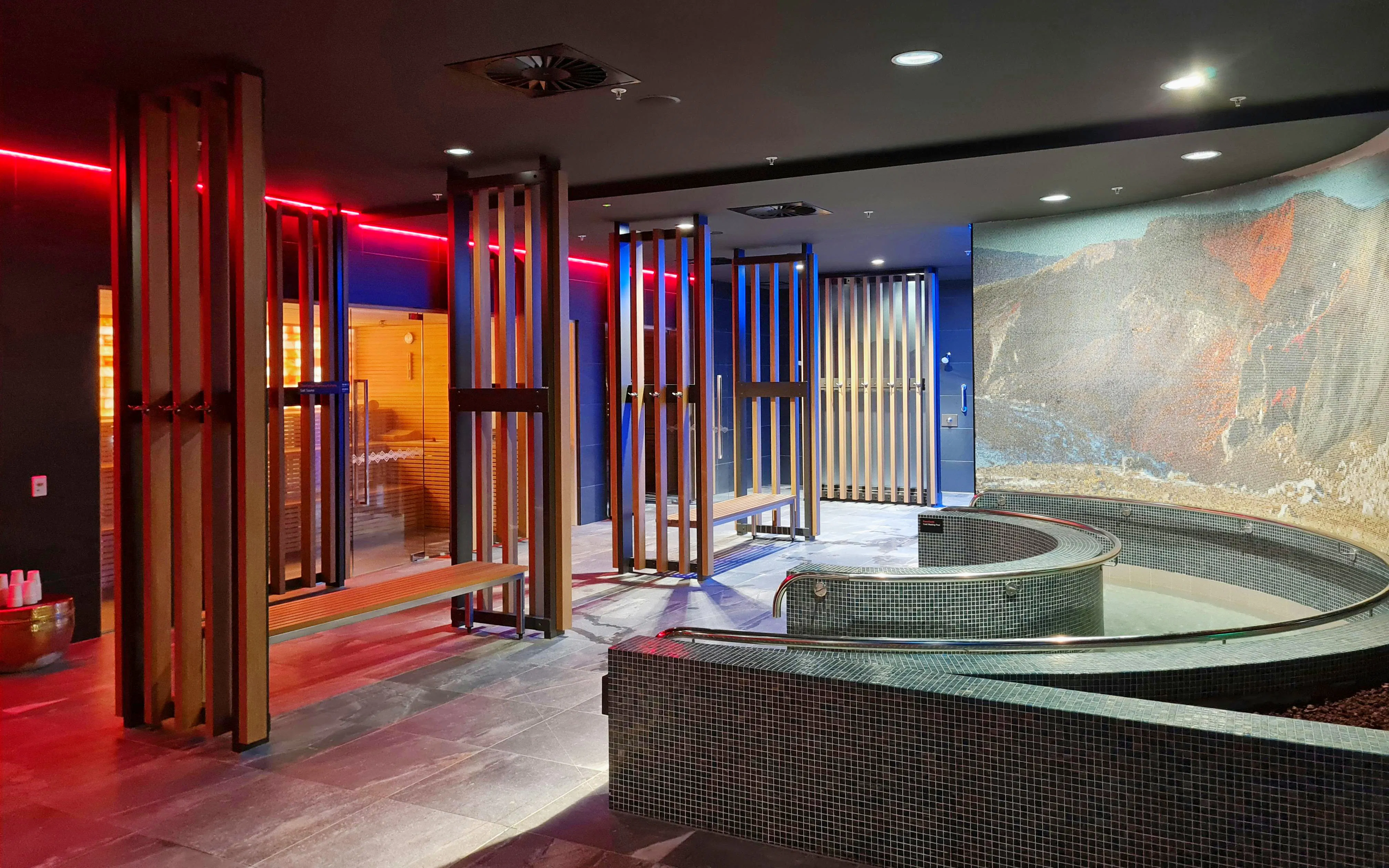 Fire and ice cave interior at Wai Ariki Hot Springs & Spa, Rotorua, featuring modern design elements.
