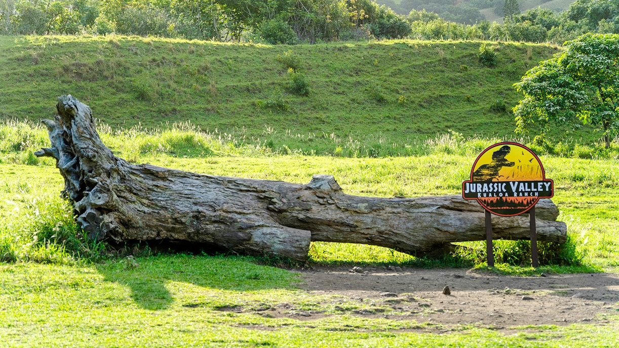 Jurassic Valley sign and fallen log at Kualoa Ranch, Hawaii.