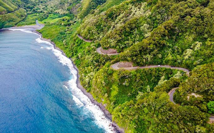 Winding coastal road through lush greenery on the Road to Hana, Maui, Hawaii.