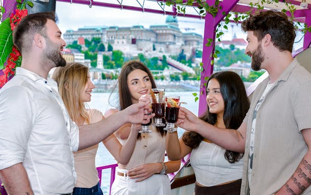 Group toasting with mulled wine on Danube River nighttime sightseeing cruise, Budapest.
