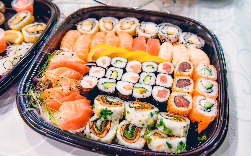 Sushi platter served on Mega Yacht Dinner Cruise in Dubai.