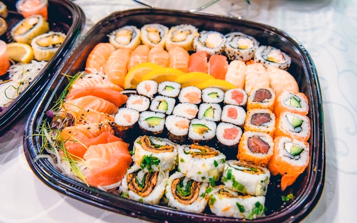 Sushi platter served on Mega Yacht Dinner Cruise in Dubai.