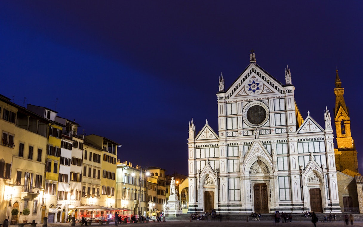 Santa Croce Basilica illuminated at night, Florence, Italy, seen during E-Bike Night Tour.