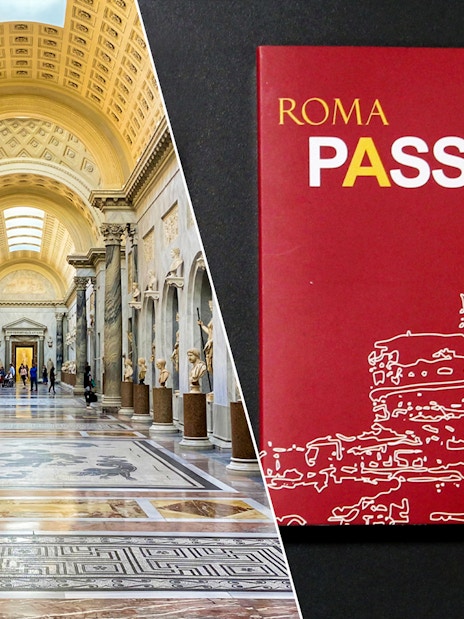 Vatican Museum hall with sculptures and 48-hour Rome Pass ticket.