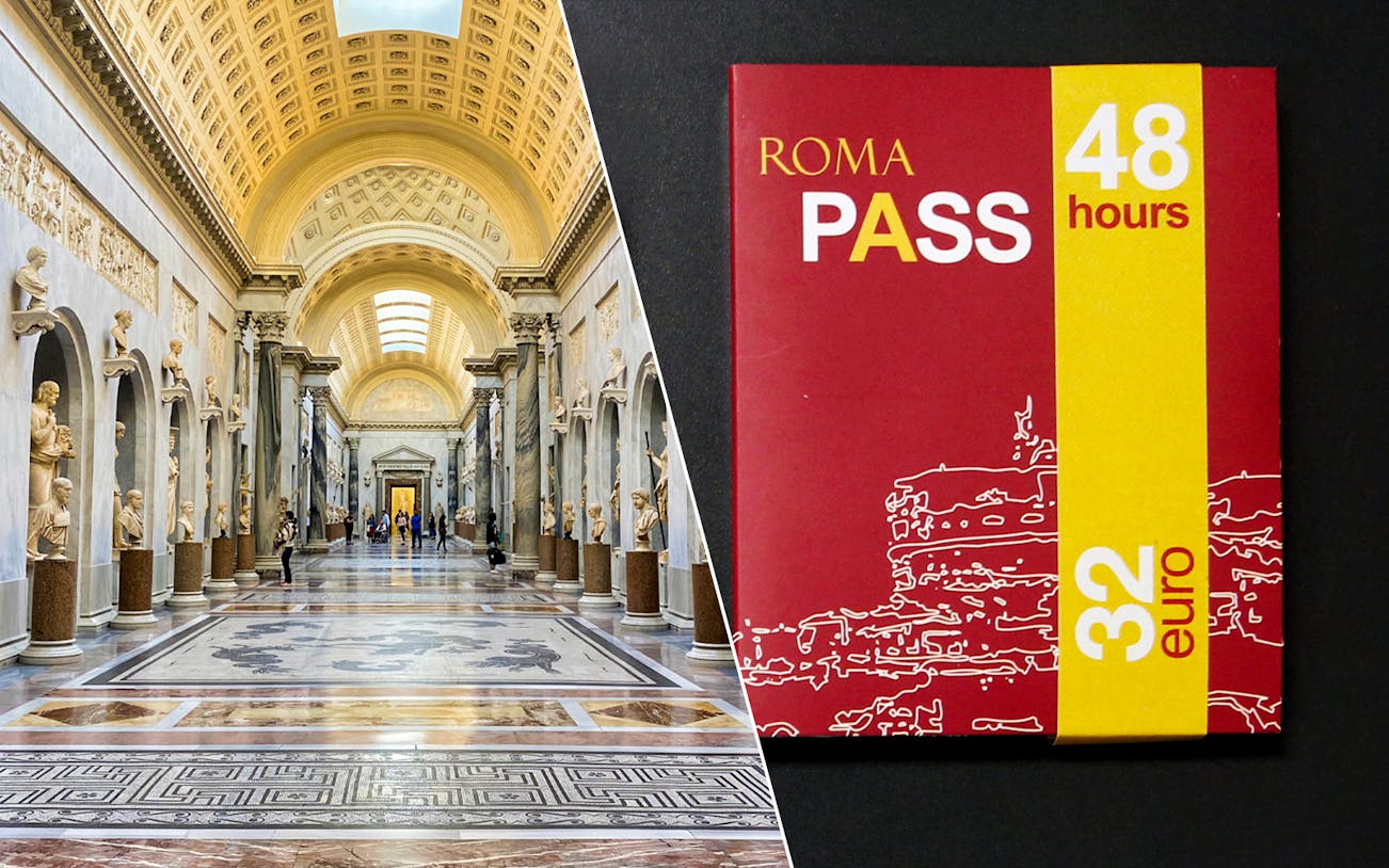 Vatican Museum hall with sculptures and 48-hour Rome Pass ticket.