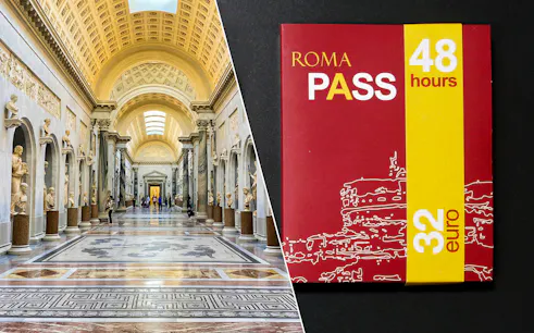 Vatican Museum hall with sculptures and 48-hour Rome Pass ticket.