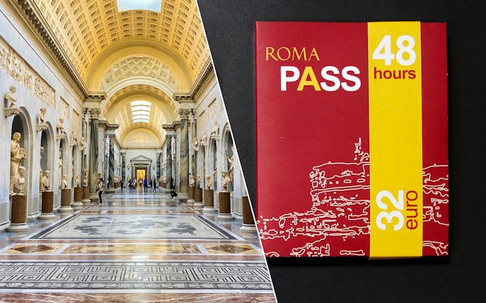 Vatican Museum hall with sculptures and 48-hour Rome Pass ticket.