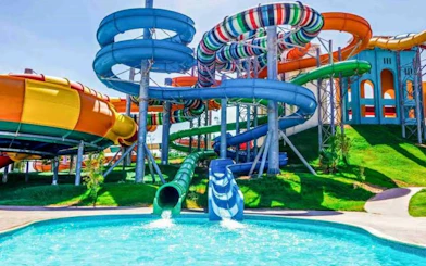 Colorful water slides at Makadi Water World Aqua Park, Hurghada.