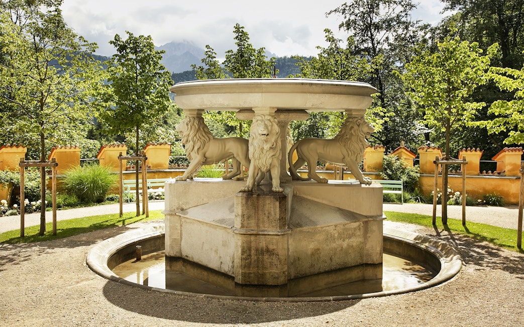 Lion fountain in the garden of Hohenschwangau Castle, Germany.
