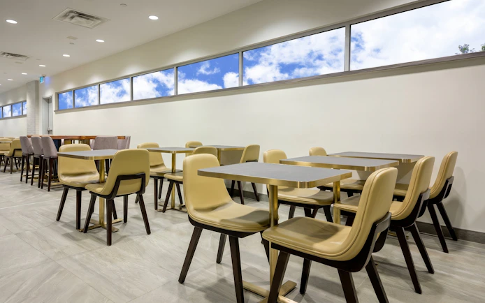 Dining area at Plaza Premium Lounge, Terminal 1, Toronto Pearson Airport.