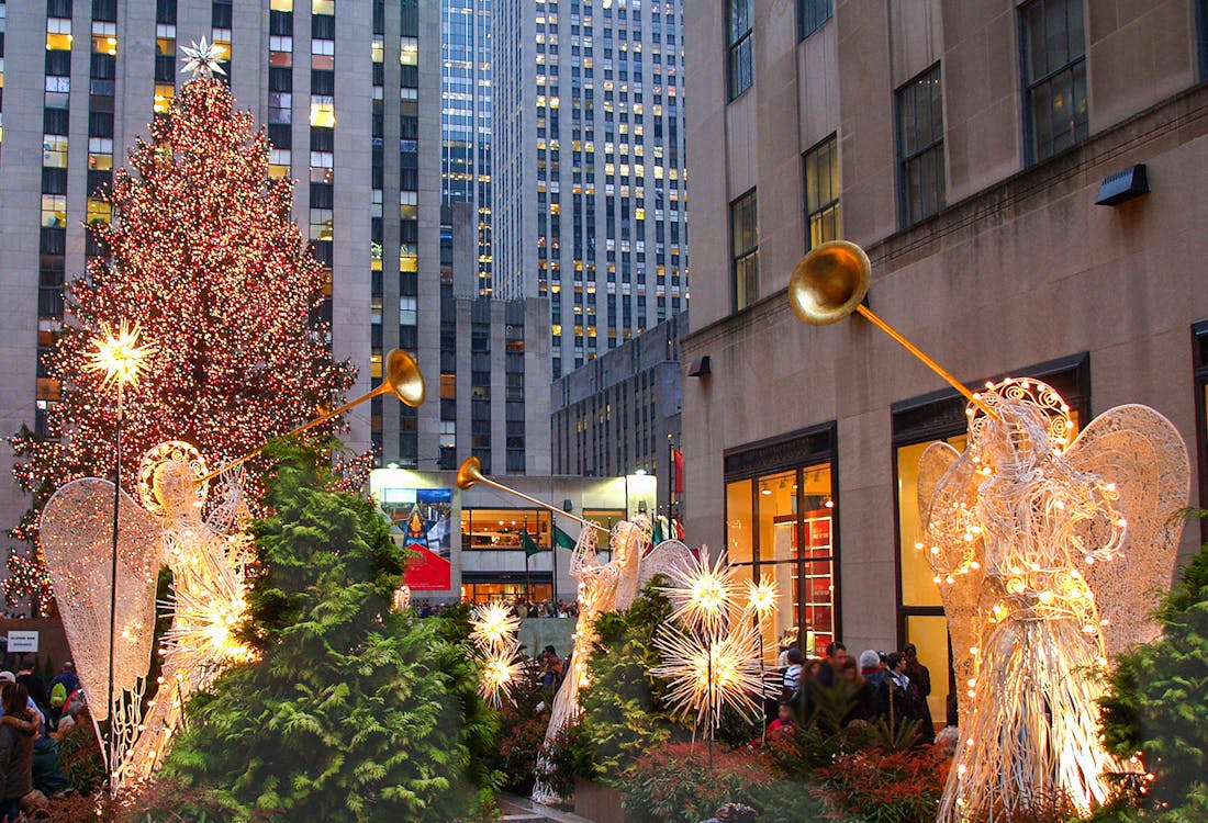 Rockefeller Center Christmas Tree with festive lights in New York City.