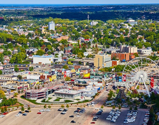 Niagara Falls State Park waterfall view with mist and surrounding greenery.