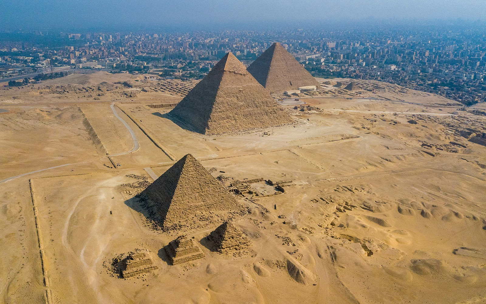 Aerial view of Khafre’s Pyramid and surrounding pyramids in Giza, Egypt.