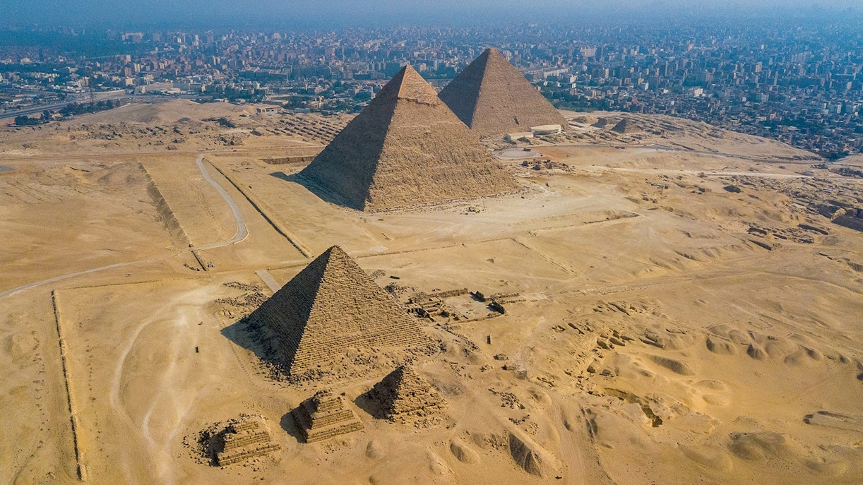 Aerial view of Khafre’s Pyramid and surrounding pyramids in Giza, Egypt.