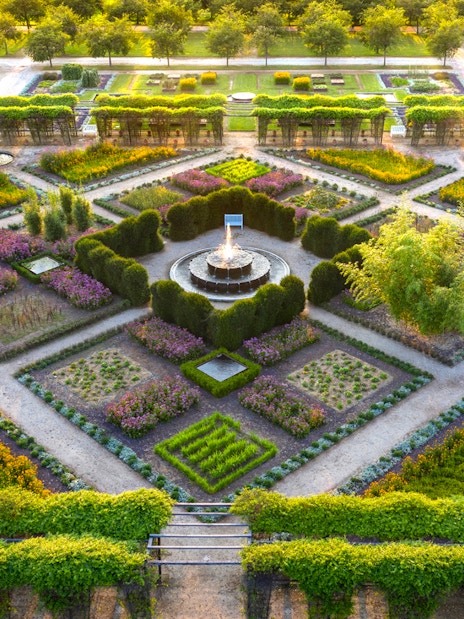 Aerial view of geometric garden design at Venaria Reale, Turin, Italy.