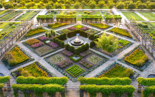 Aerial view of geometric garden design at Venaria Reale, Turin, Italy.