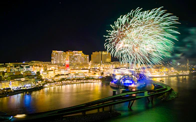Fireworks over Hon Thom's Kiss of the Sea show in Phu Quoc at night.