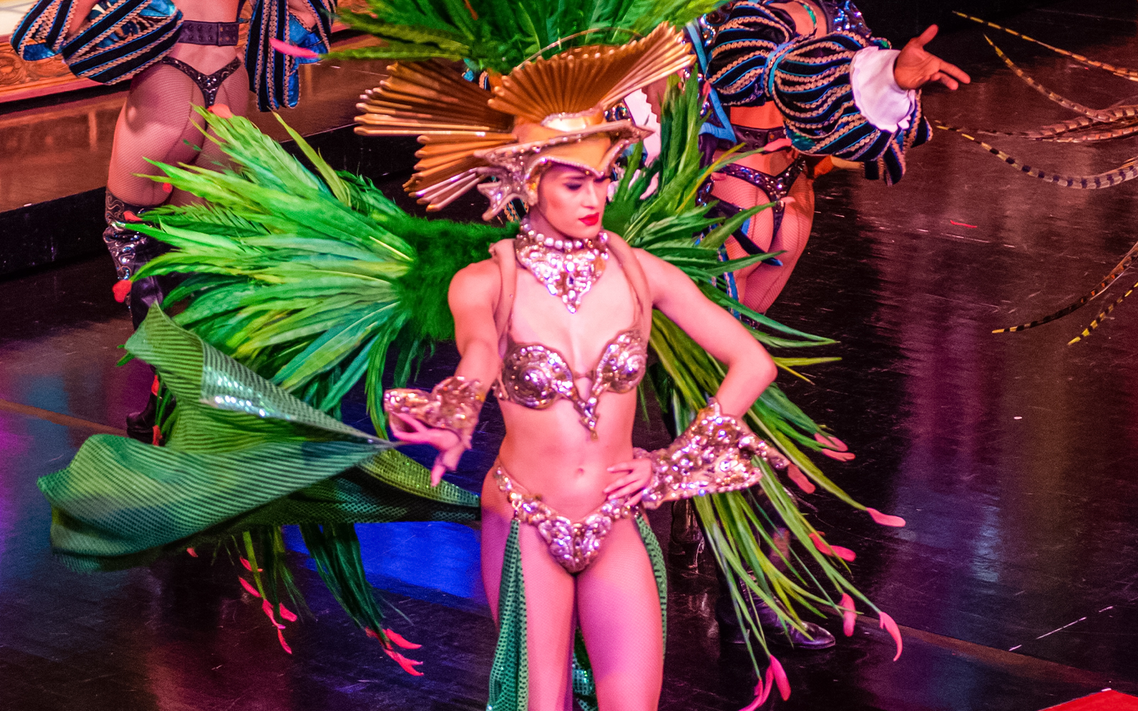 Performer on stage at Moulin Rouge show in Paris, France, wearing a vibrant costume.