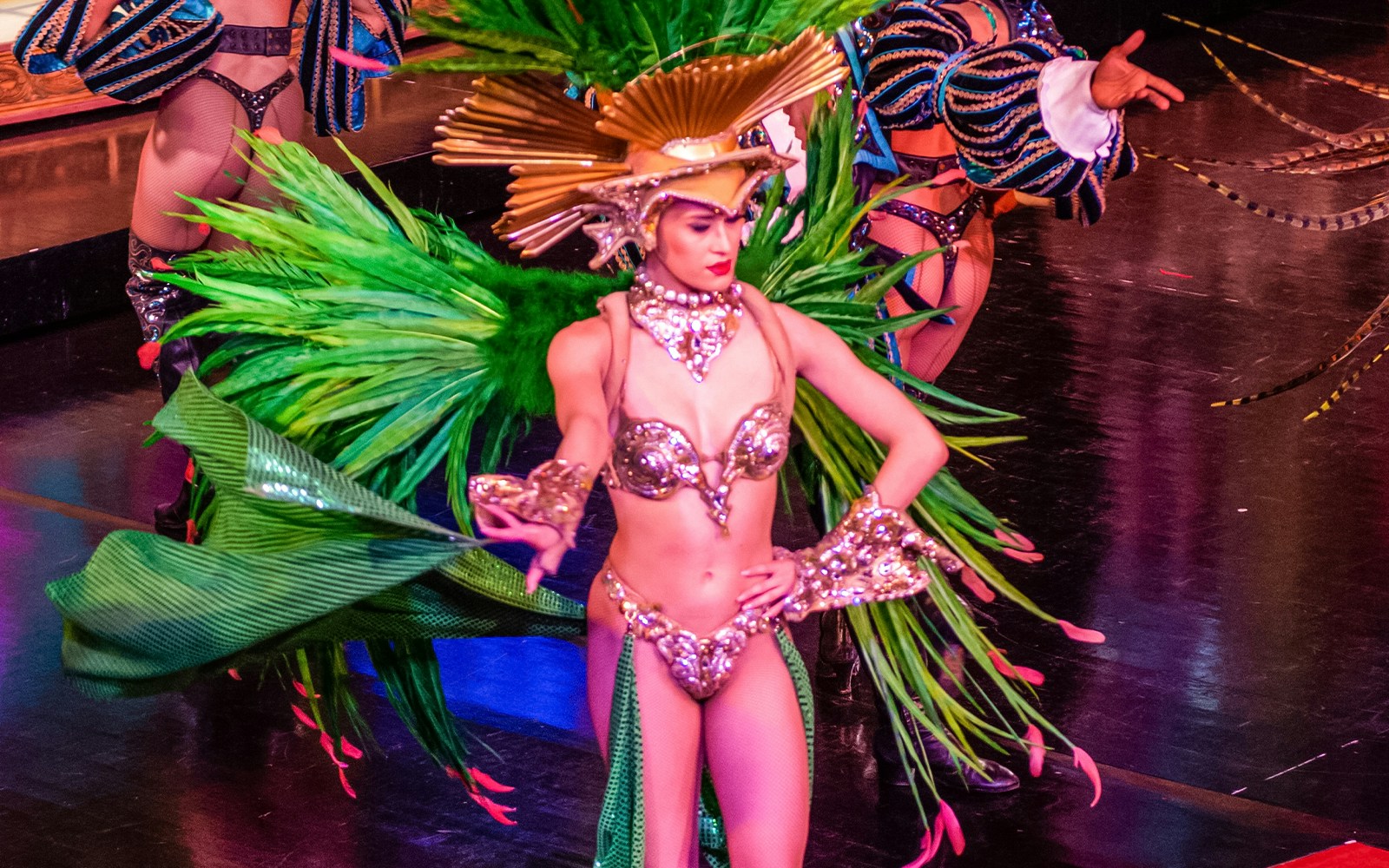 Moulin Rouge cabaret performance with dinner in Paris, featuring vibrant costumes and dancers.