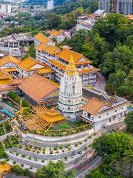 Aerial view of Kek Lok Si Temple complex with pagoda on Penang Island, Malaysia.