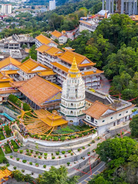 Aerial view of Kek Lok Si Temple complex with pagoda on Penang Island, Malaysia.