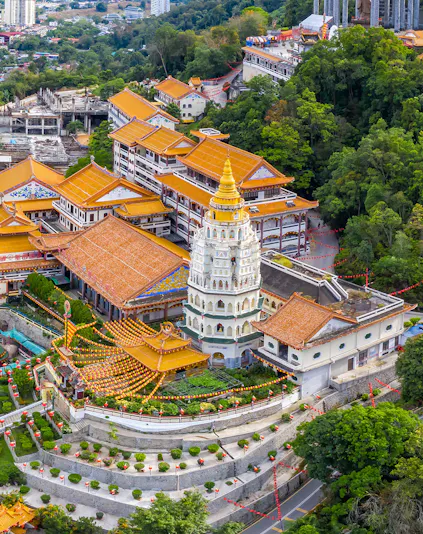 Aerial view of Kek Lok Si Temple complex with pagoda on Penang Island, Malaysia.