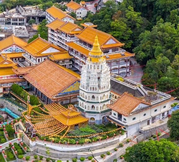 Aerial view of Kek Lok Si Temple complex with pagoda on Penang Island, Malaysia.