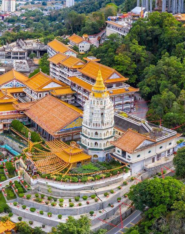 Aerial view of Kek Lok Si Temple complex with pagoda on Penang Island, Malaysia.
