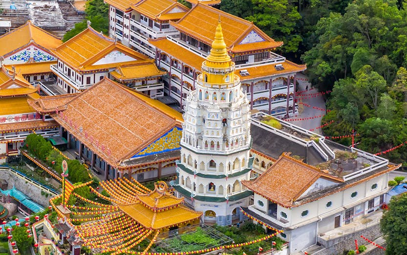 Aerial view of Kek Lok Si Temple complex with pagoda on Penang Island, Malaysia.