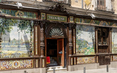 Facade of Villa Rosa, a historic venue for Tablao Flamenco 1911 shows in Madrid, Spain.