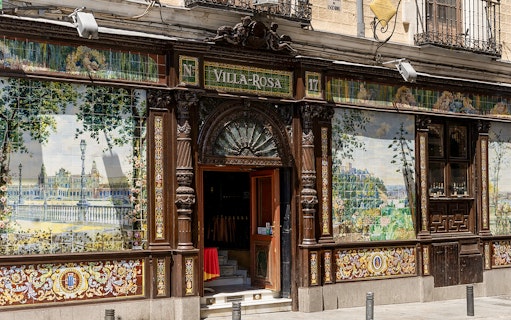Facade of Villa Rosa, a historic venue for Tablao Flamenco 1911 shows in Madrid, Spain.