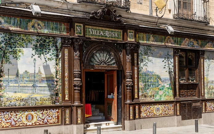 Facade of Villa Rosa, a historic venue for Tablao Flamenco 1911 shows in Madrid, Spain.