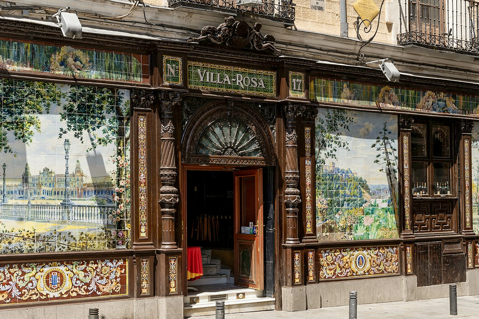 Facade of Villa Rosa, a historic venue for Tablao Flamenco 1911 shows in Madrid, Spain.