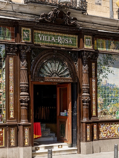 Facade of Villa Rosa, a historic venue for Tablao Flamenco 1911 shows in Madrid, Spain.