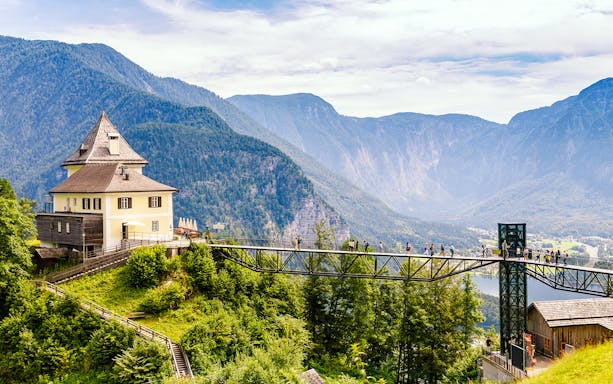 Walkway view of Hallstatt Village near Hallein Salt Mine, Salzburg, Austria.