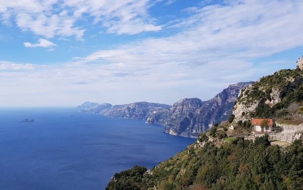 Scenic view of cliffs and sea along the Path of the Gods, Amalfi Coast, Italy.