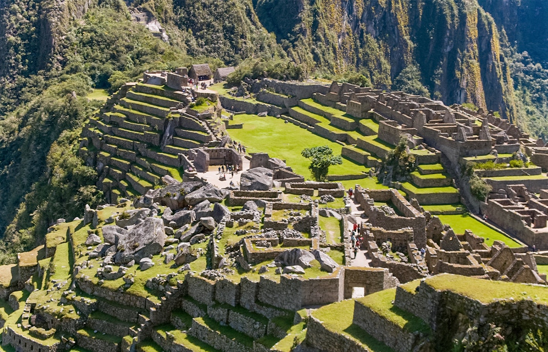 Machu Picchu terraces and stone structures in the Inca citadel, Peru.
