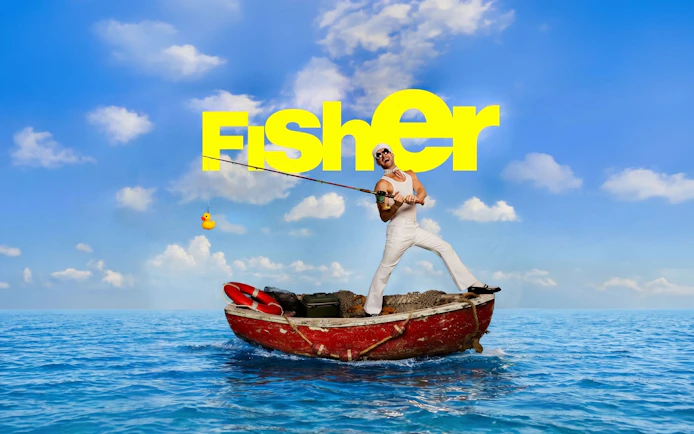 Man fishing on a small boat in Ibiza with "Fisher" text in the background.