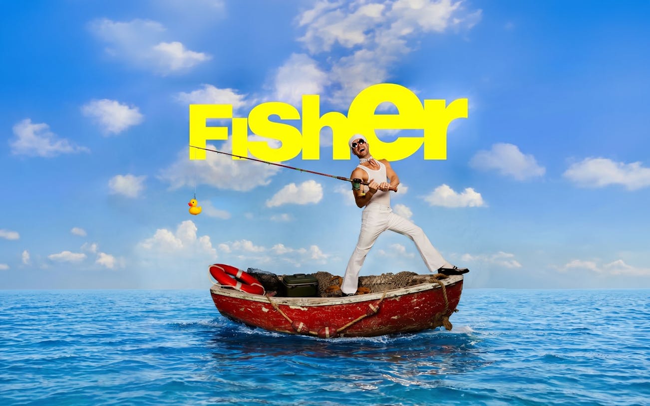 Man fishing on a small boat in Ibiza with "Fisher" text in the background.