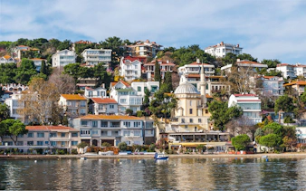 Panorama of Burgazada island with hillside houses and a mosque, Princes' Islands, Istanbul.