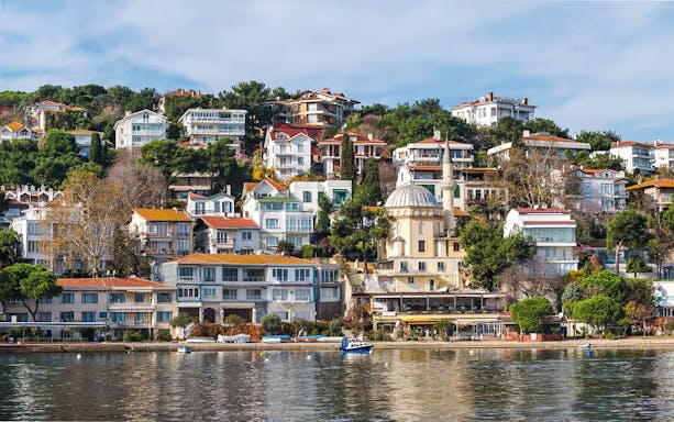 Panorama of Burgazada island with hillside houses and a mosque, Princes' Islands, Istanbul.