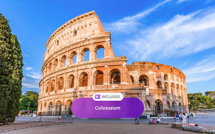 Colosseum in Rome with Go City Rome Explorer Pass sign.