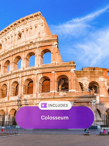 Colosseum in Rome with Go City Rome Explorer Pass sign.