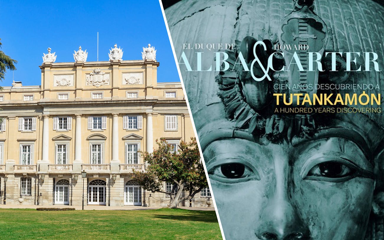 Liria Palace facade and Tutankhamun exhibition poster in Madrid.