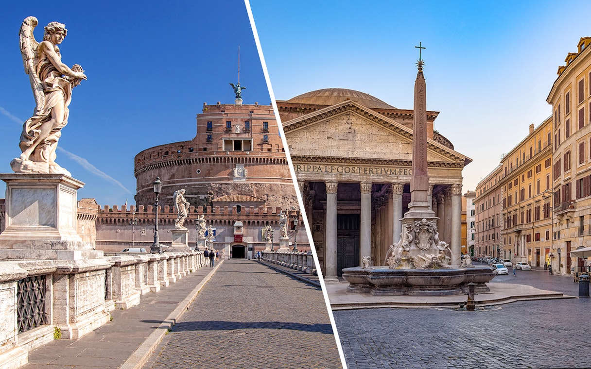 Castel Sant'Angelo and Rome Pantheon with obelisk in foreground.