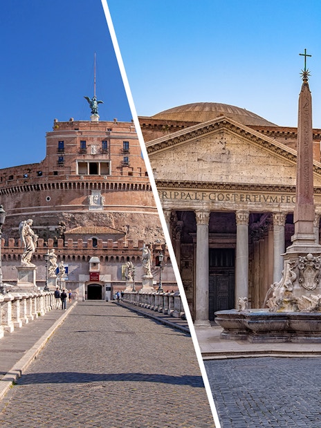 Castel Sant'Angelo and Rome Pantheon with obelisk in foreground.