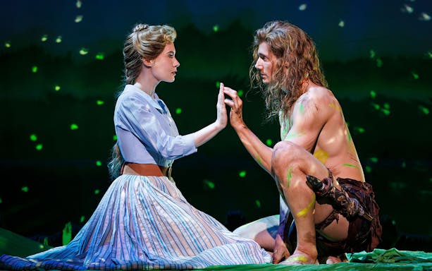 Actors portraying Tarzan and Jane in a scene from Disney's Tarzan musical.